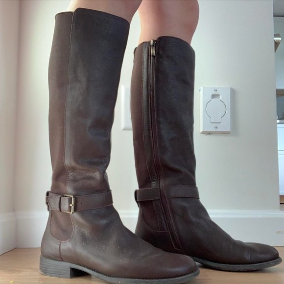 Bass Jeandra women's size 9.5M tall boots brown elastic stretch panels low heels - Picture 1 of 3